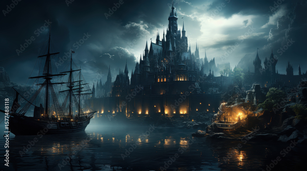 Fototapeta premium Floating Gothic Castle, Dark Fantasy Architecture