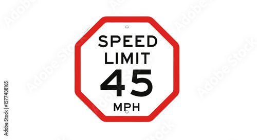 A speed limit sign indicating a speed limit of forty five miles per hour with a red octagonal border on transparent background