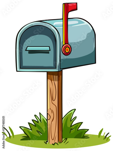 Cartoon mailbox with the red flag up, isolated 