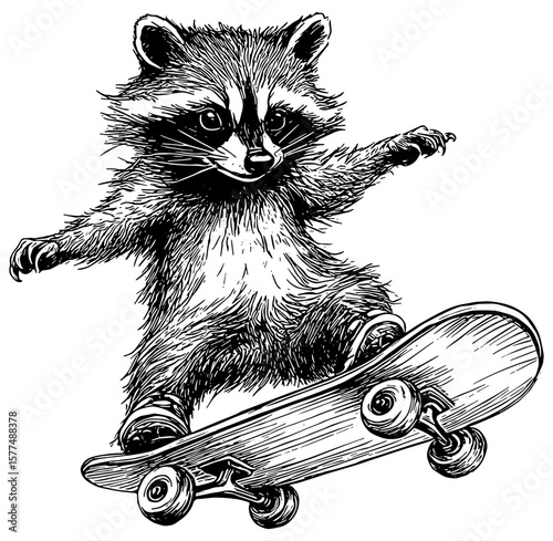 Cute raccoon on a skateboard, sketch in black, isolated 