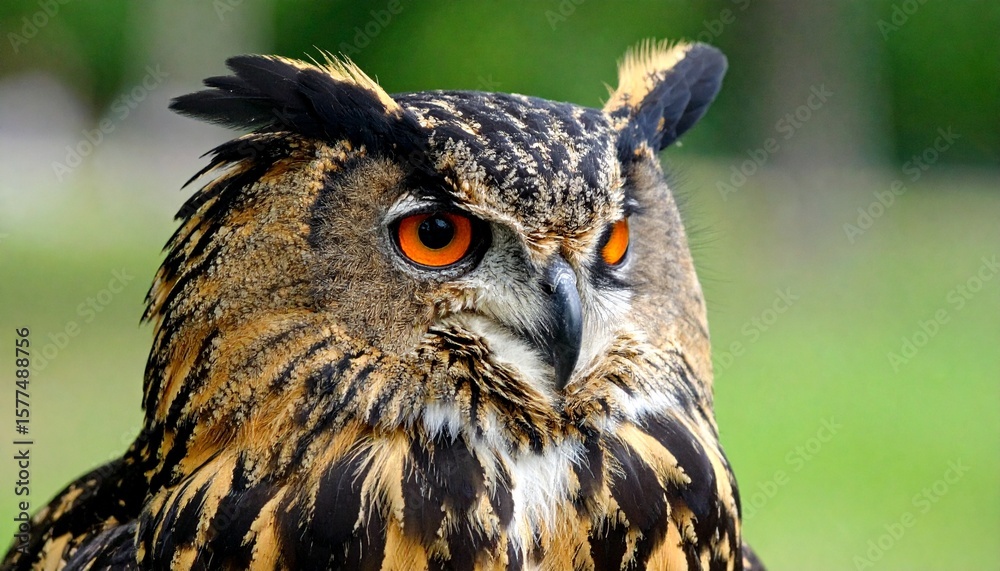 Fototapeta premium retrato de cerca de un búho real eurasiático (Bubo bubo). La imagen se centra en la cara y parte superior del pecho del ave.