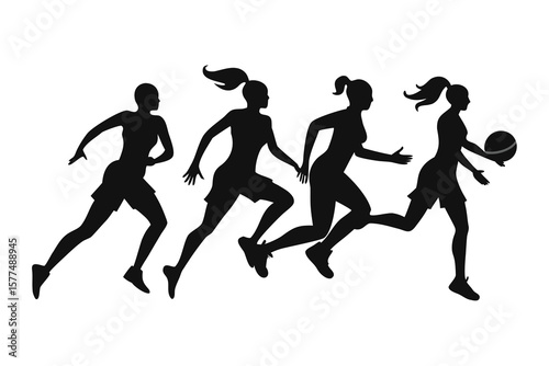 Evolution of sport and dance: dynamic vector silhouettes of women, girls, and children running, playing, and expressing the human body in motion
