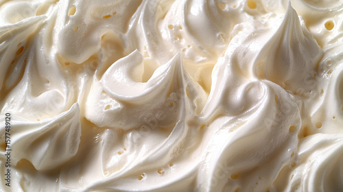 Close-up of whipped cream texture, dessert preparation, kitchen background