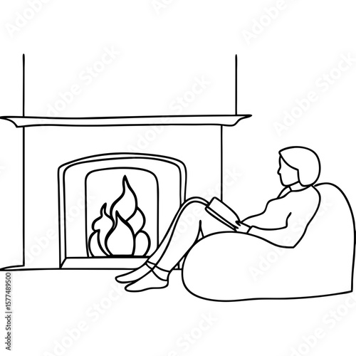 Line art illustration of person relaxing in front of fireplace, reading book in comfy chair near burning fire. Relaxing in front of fireplace is concept perfect for quiet escape.