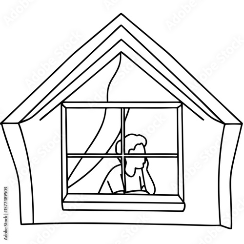Line art shows a person looking out attic window, observing from above in an outline drawing. The attic window reveals a thoughtful character, creating a moment of observation.