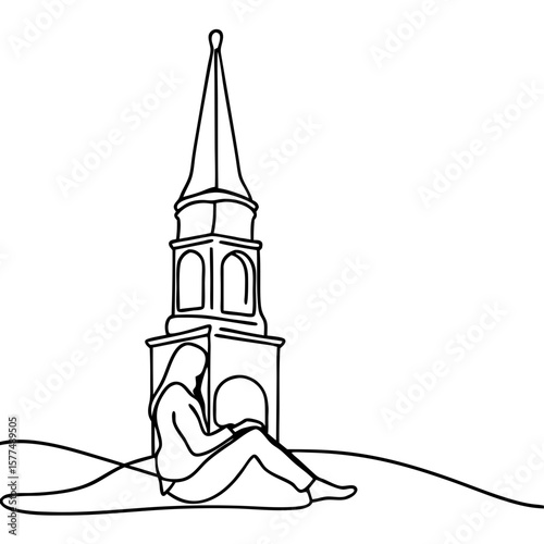 Line art shows person resting under church steeple in peaceful contemplation. Person resting under church steeple evokes serenity with linear design of historic architecture.
