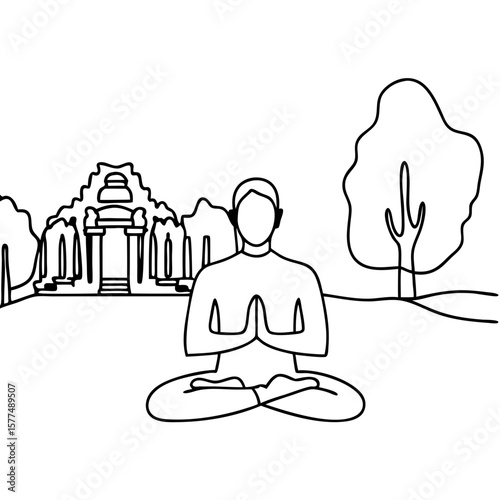 Line art of person meditating near ancient temple with tranquil posture on grass. Person meditating near ancient temple includes a serene scene with a tree and detailed temple ruins.