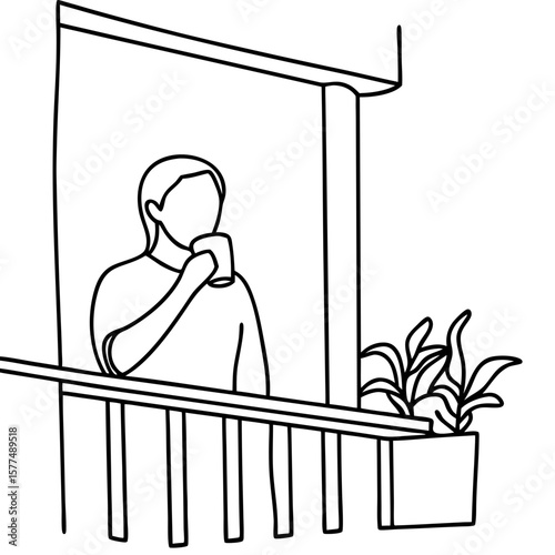 Line art illustration of person sipping coffee on a porch, enjoying morning beverage outside, peaceful moment. Person sipping coffee on a porch, relaxing with plant near railing.