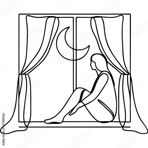 Person sitting in window, enjoying soft moonlight streaming in, captured as simple line art. Person sitting in window gazes thoughtfully at moon and night sky.