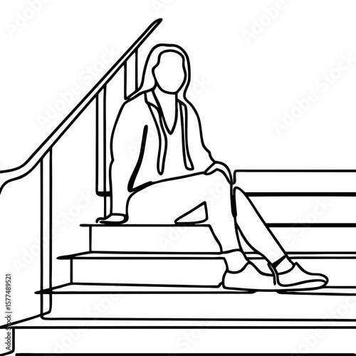 Person sitting on house steps in simple line art, showing outline of female on stairs, monochrome. Person sitting on house steps exhibits minimalist design, emphasizing clean, continuous lines.