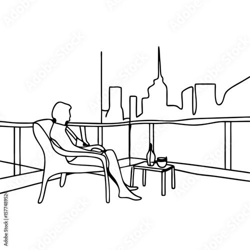 Person sitting on city rooftop in simple line art style, contemplating skyline.