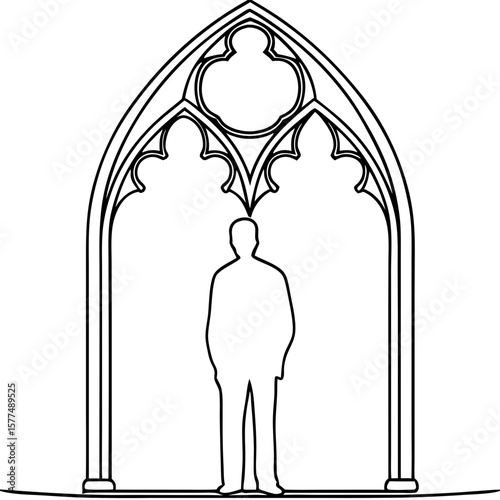 Person silhouetted in gothic arch displayed in simple black lines. Silhouetted person is framed by archway to highlight detail, form, and perspective.