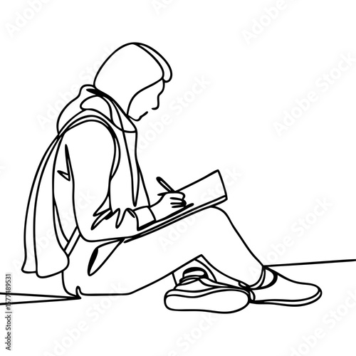 Line art depicts a person sketching on street with continuous line drawing. Person sketching on street shown with simple artistic lines, holding a notebook. 