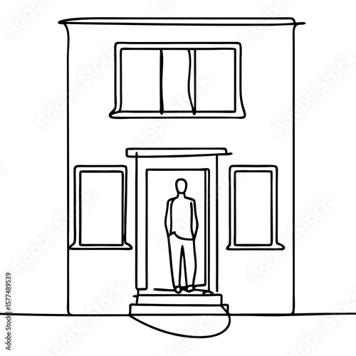 Line art shows person standing in doorway of townhouse with stairs. Line art includes windows and door, minimalist line illustration.