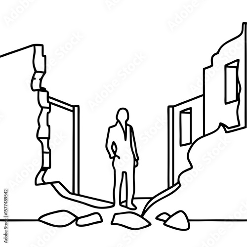 Line art shows person standing in ruins, contemplating devastation. This line art depicts crumbling walls and scattered debris, symbolizing loss and resilience.