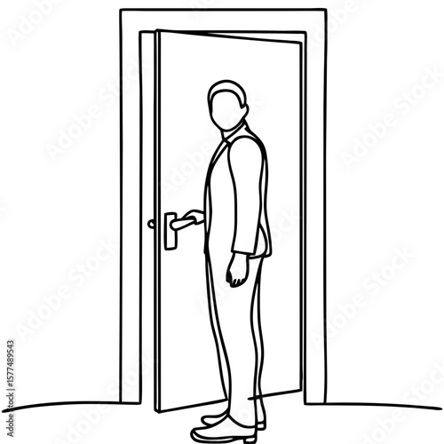 Line art of person standing at apartment entrance wearing suit, holding door handle, showcasing minimalist design. Person standing at apartment entrance is a stylish monochrome illustration.