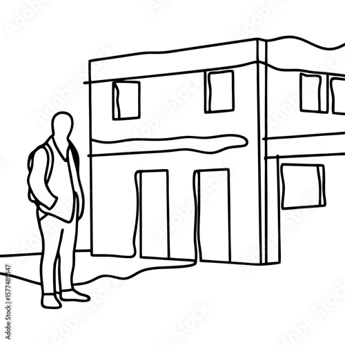 Line art illustration depicts person standing alone by abandoned building in monochrome. 