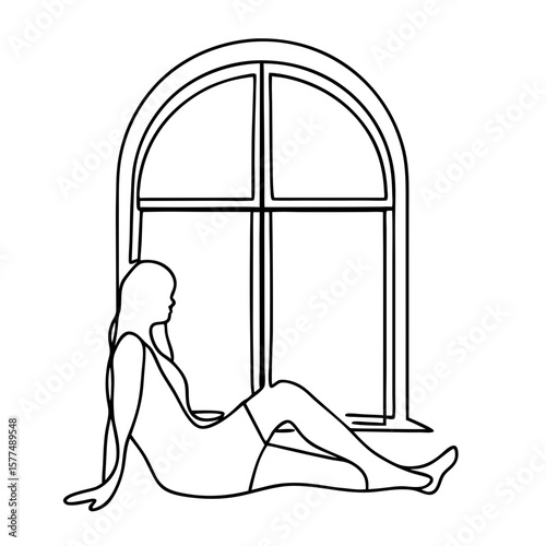Line art of person sitting under arched window, a simple line drawing. Woman sitting under arched window, in minimalist style with clean, flowing lines of a silhouette.