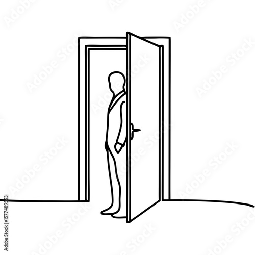 Person standing in open doorway, a minimalist line art drawing. Person standing in open doorway is depicted with simple lines on white background.