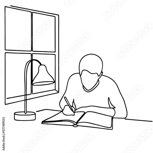 Person writing at desk near window in expressive contour drawing, illuminated by table lamp, captures a moment of study. Person writing at desk near window emphasizes focused concentration.