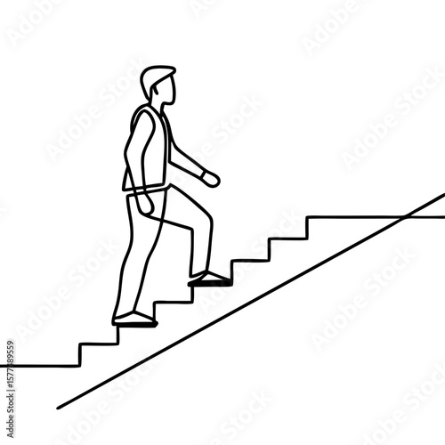 Line art of person walking upstairs with simplified figure climbing steps, a minimal design element. Man walking upstairs depicted in continuous line art.