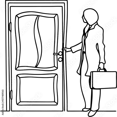 Person standing by front door, line art illustration with woman in suit holding briefcase. Single line art depicts person standing by front door, ready to enter.