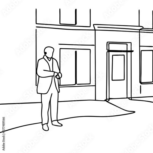 Line art illustration of person waiting near building facade, businessman checking time. Line art shows pedestrian in suit standing outdoors.