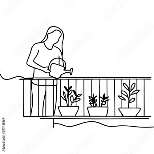 Person watering plants on balcony depicted in a simple line drawing. This person watering plants on balcony is tending to potted plants, creating tranquil domestic scene.
