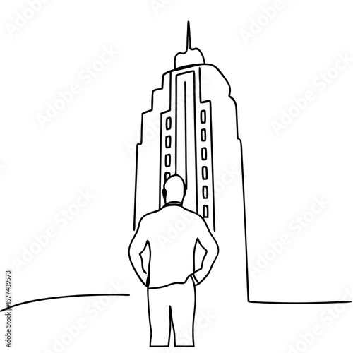 Line art drawing shows person gazing up at skyscraper, admiring its majestic height against clear sky. This line art emphasizes human scale contrasted with architectural immensity.
