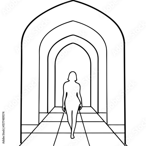 Person walking through arched hallway depicted in line art presents passage into perspective, creating depth, showing direction of travel. Person walking through arched hallway suggests a journey.
