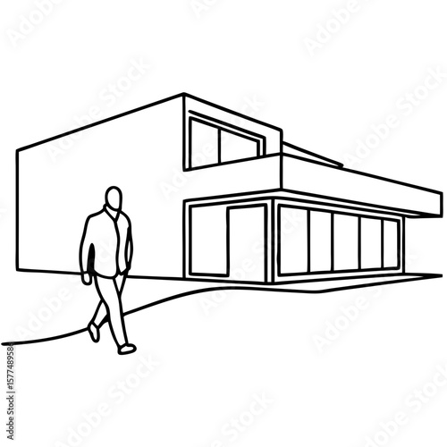 Line art depicting person walking past modern building, showcasing minimalist design and architectural style. 