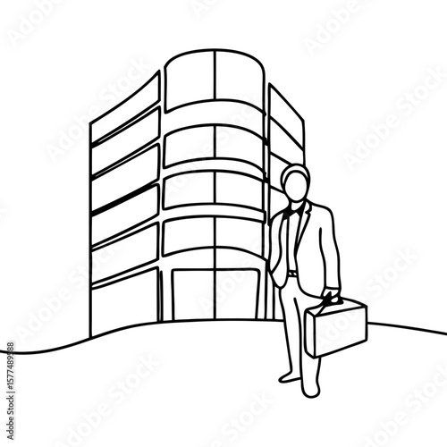Line art drawing of person with briefcase near office tower depicts professional carrying luggage. Person with briefcase near office tower evokes aspirations and achievements.