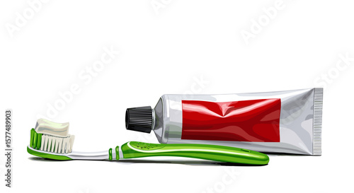 A green toothbrush with white toothpaste and a tube of toothpaste with a red square on a white background on transparent background