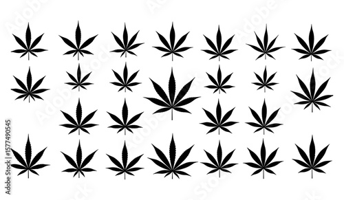 Diverse Collection of Cannabis Leaf Silhouettes – Featuring Various Marijuana Plant Leaves in Black and White for Botanical and Educational Designs