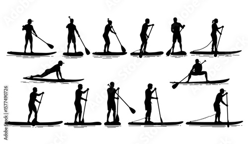 Dynamic Collection of Stand-Up Paddle Boarder Silhouettes – Featuring Diverse Poses and Activities on the Water for Sports, Fitness, and Outdoor Lifestyle Designs