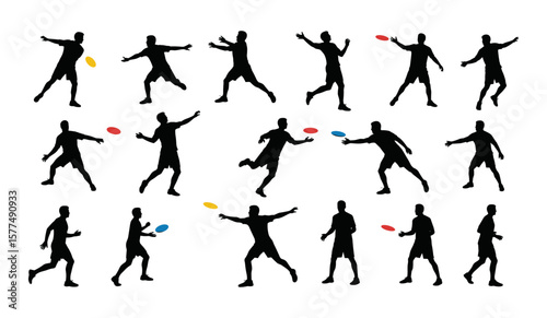 Dynamic Silhouettes of Ultimate Frisbee Players in Action – Capturing Various Throws, Catches, and Running Poses with Colorful Discs for Sports and Fitness Designs