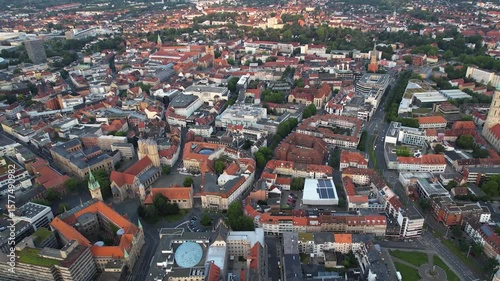 Aerial view around the old town in the city Braunschweig or Brunswick, on a sunny spring day