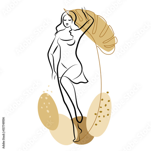 Silhouette of a cute lady and leaves of a plant. The girl is standing. The woman has a beautiful figure. She is young and slim. Vector illustration.