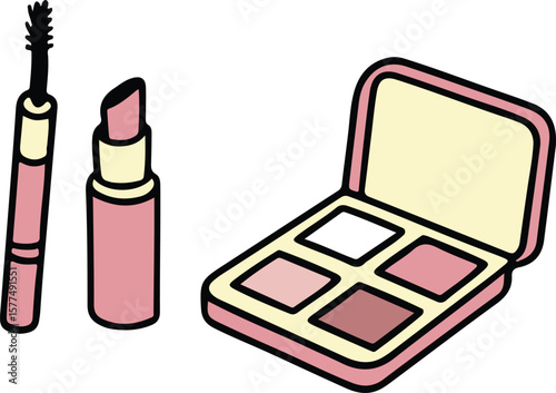 Modern vector illustration of feminine beauty with a cute girl wearing a head wrap, holding lipstick and a cupcake.