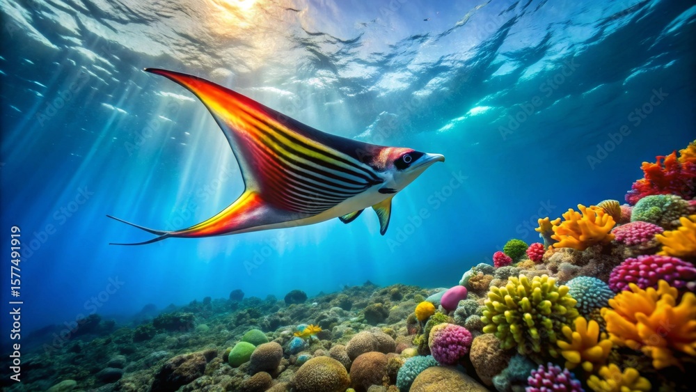 Fototapeta premium Striking Rainbow Fish Soaring Above Vibrant Coral Reef in Sunlit Ocean Depths