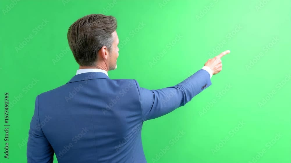 Confident Business Man Indicating: A focused business man, seen from behind in a blue suit, points towards a bright green backdrop, embodying direction and business vision.
