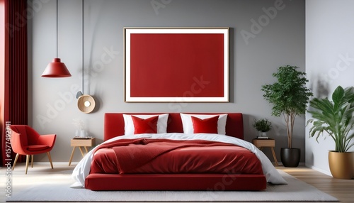 modern bedroom with red accents empty picture frame on light gray wall plush bedding in a red hue and white sheets minimalist style with a pop of color