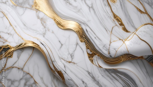 Generated imageGlossy white Carrara marble background with elegant golden streaks, perfect for luxury interiors and panoramic vector designs