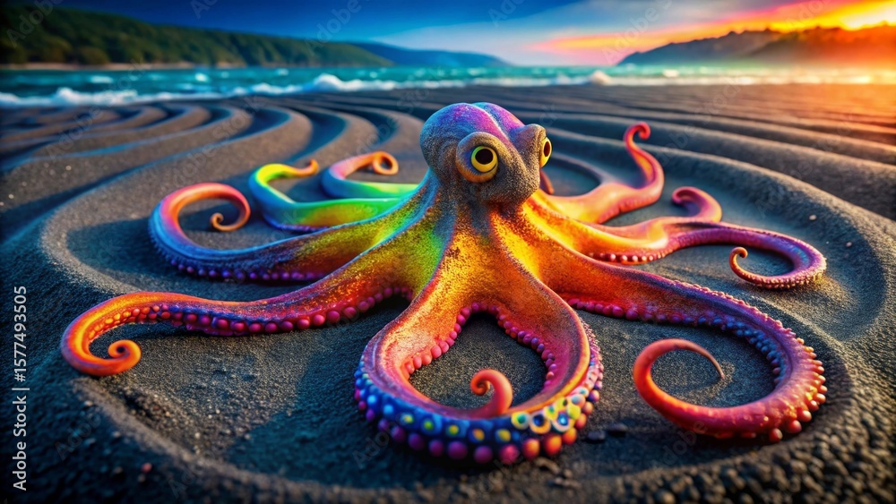 Naklejka premium A Vibrant Rainbow Octopus Resting on Dark Sand at Sunset Near the Ocean