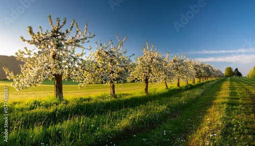 row of blooming apple trees on a meadow orchard in morning light egnach canton of thurgau switzerland