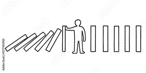 Minimalist line drawing illustration of a person stopping a falling domino chain, symbolizing prevention, intervention, personal responsibility, and breaking a negative cycle.