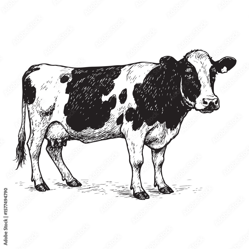 Fototapeta premium Hand Drawn Black and White Holstein Cow Doodle Line Art Illustration.