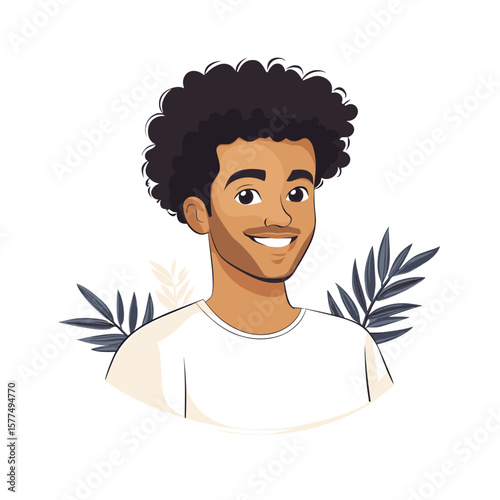  Smiling young man with curly hair and leaves on white background