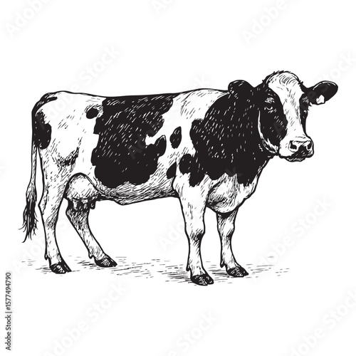 Hand Drawn Black and White Holstein Cow Doodle Line Art Illustration.