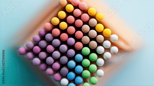 Abstract top-down composition of colored golf tees forming geometric pattern studio light grid and soft focus edges with modern